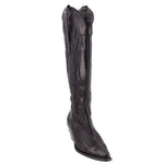 Black cowboy boots with pointed toe, tall shaft, stitched decorative patterns