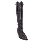 Black cowboy boots with pointed toe, tall shaft, stitched decorative patterns