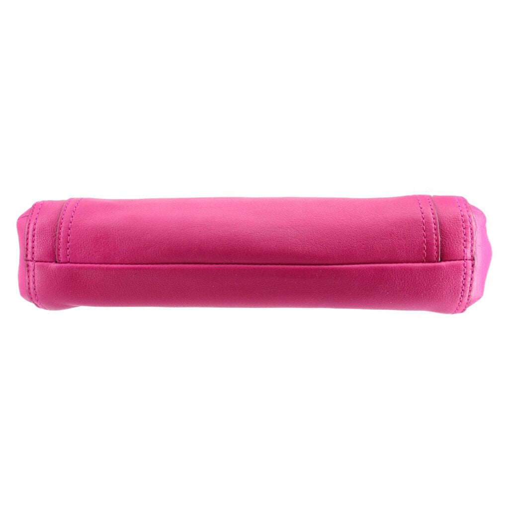 Magenta Coach clutch bag with rolled top edge and front stitching seams