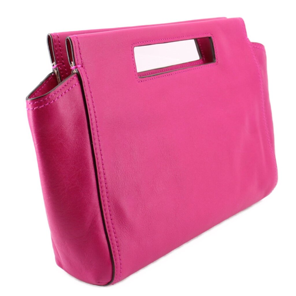 Magenta Coach clutch bag with top handle loop and side zipper detail