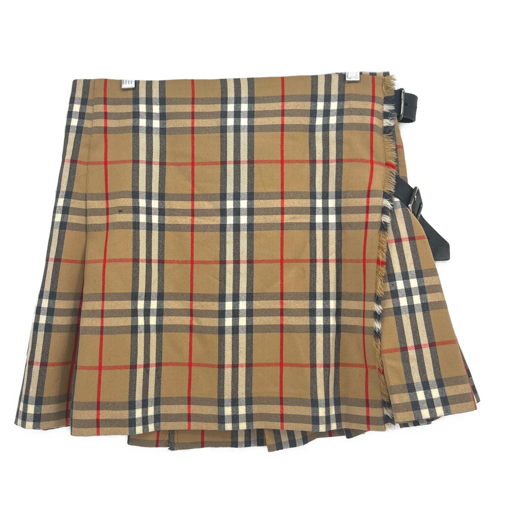 Burberry plaid skirt in tan with red and dark lines; side buckles, layered hem