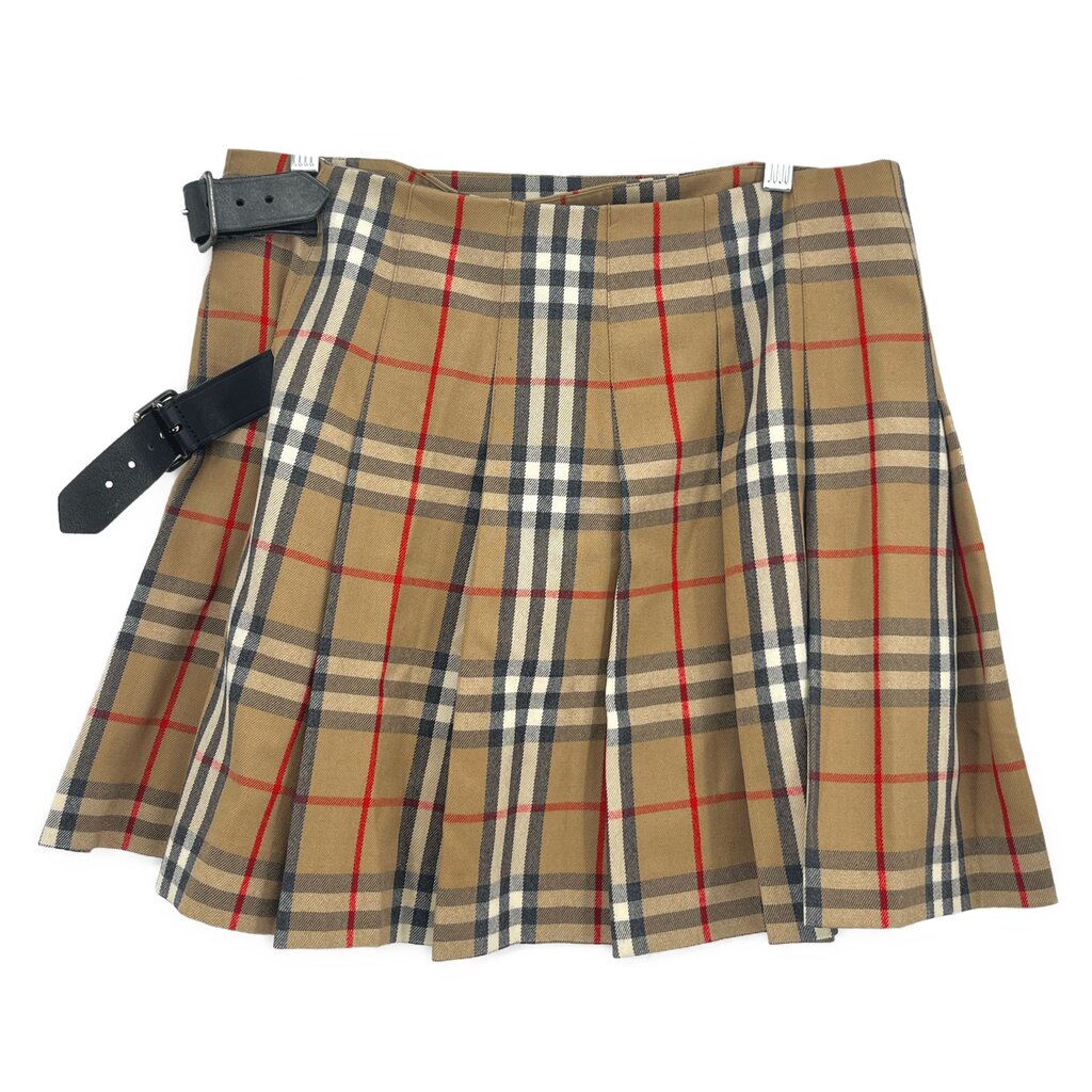 Plaid skirt in tan, red, and dark with front pleats and adjustable side straps