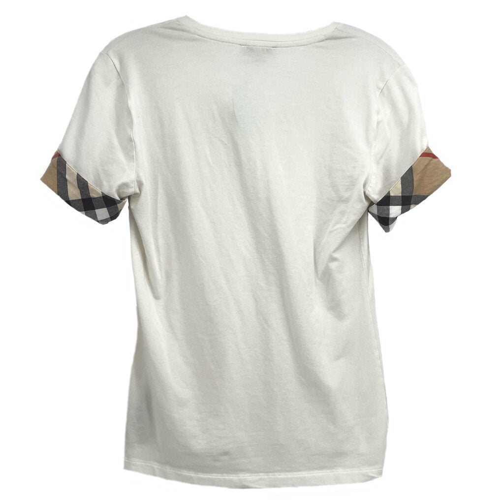 White short-sleeve top with plaid cuff trim on the sleeves