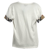 White short-sleeve top with plaid cuff trim on the sleeves