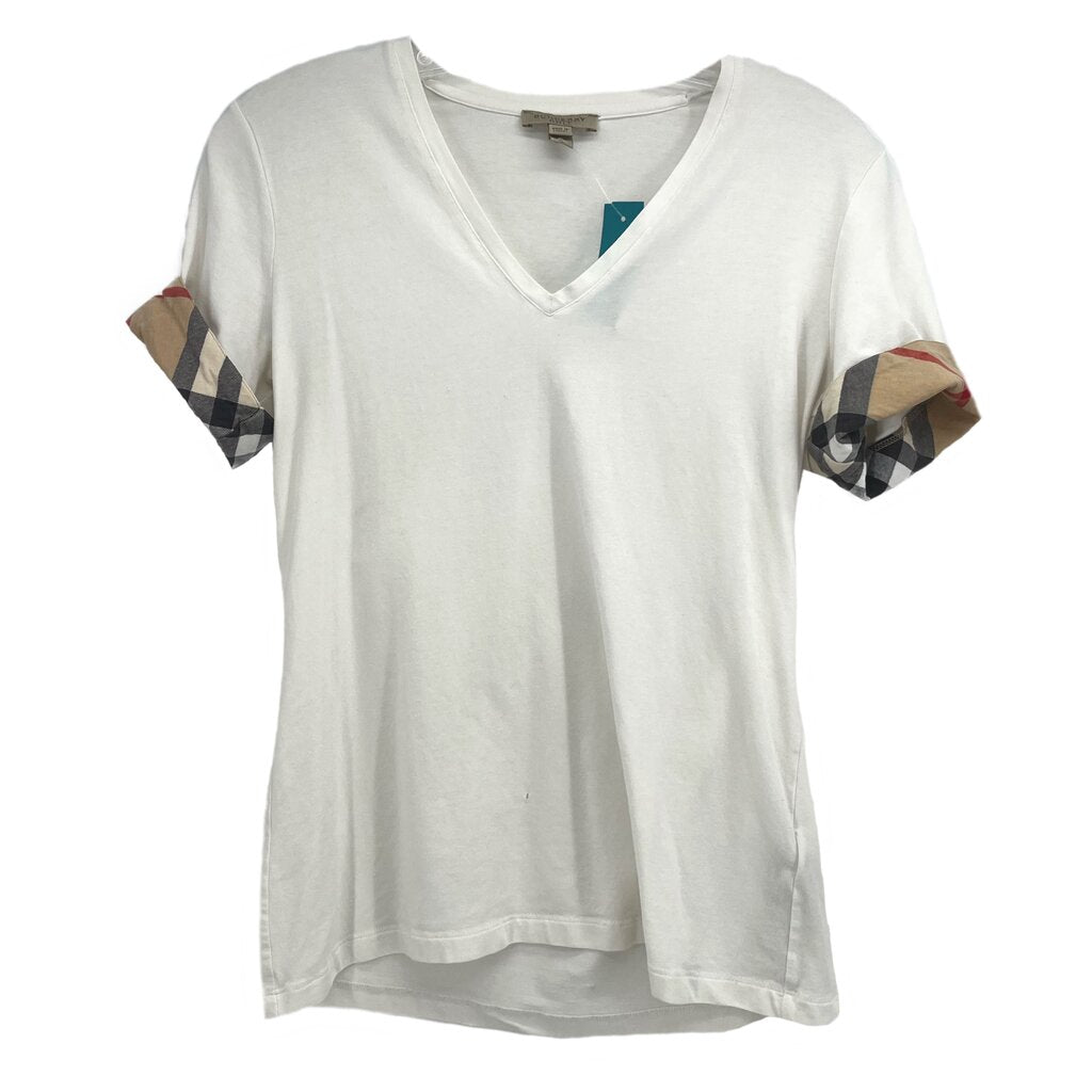 White V-neck top with short sleeves and plaid cuff trim