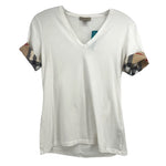 White V-neck top with short sleeves and plaid cuff trim