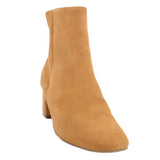 Tan suede waterproof ankle boot with low block heel and pull-on shaft