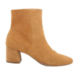 Tan suede waterproof ankle boot with side seam and low block heel