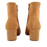 Tan suede waterproof ankle boots back view with low block heel