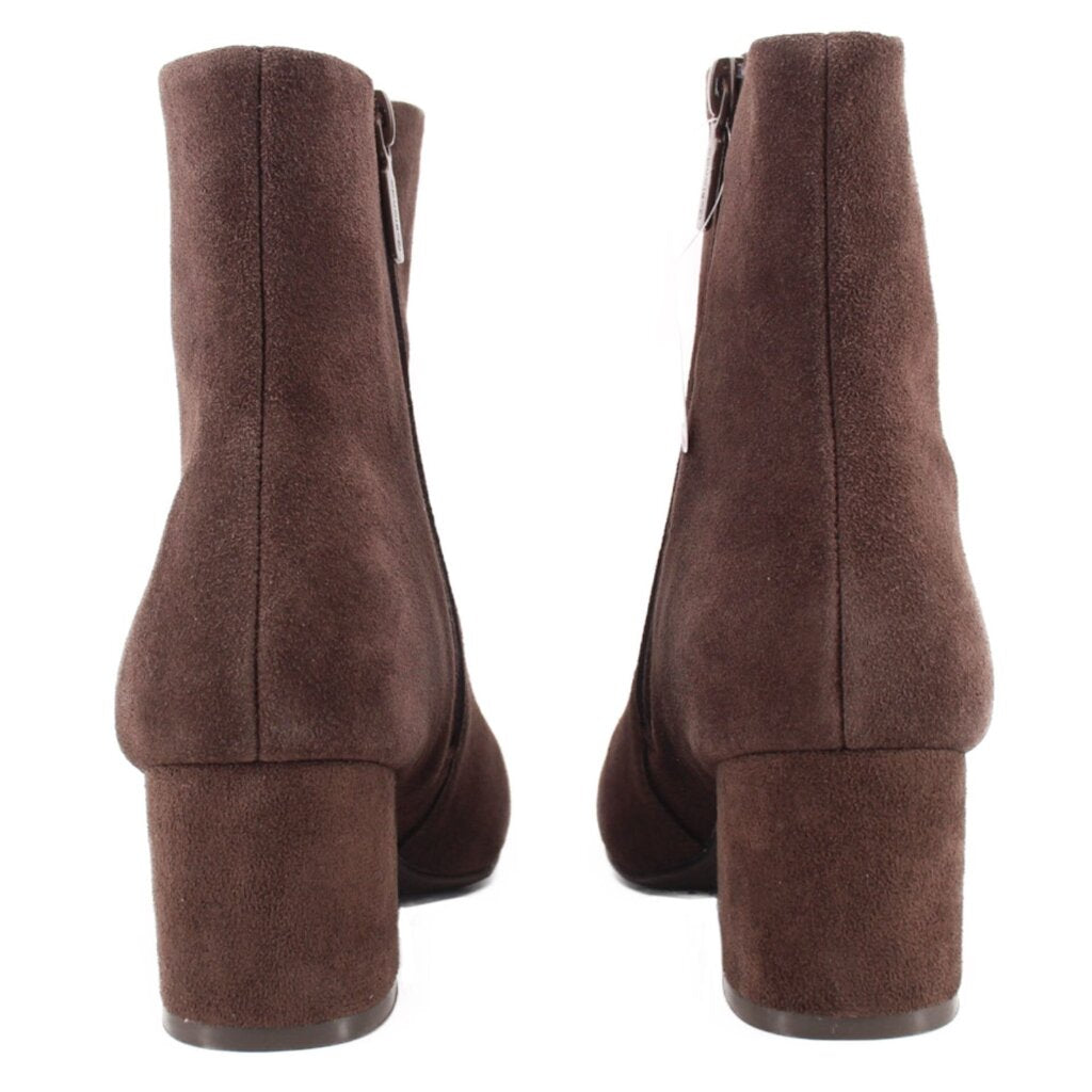 Brown suede ankle booties with side zipper and block heel