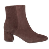 Brown suede ankle booties with low block heel