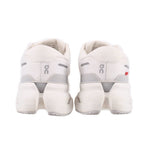 Back view of white ON Cloudrunner 3 sneakers with cushioned heel and lace-up closure