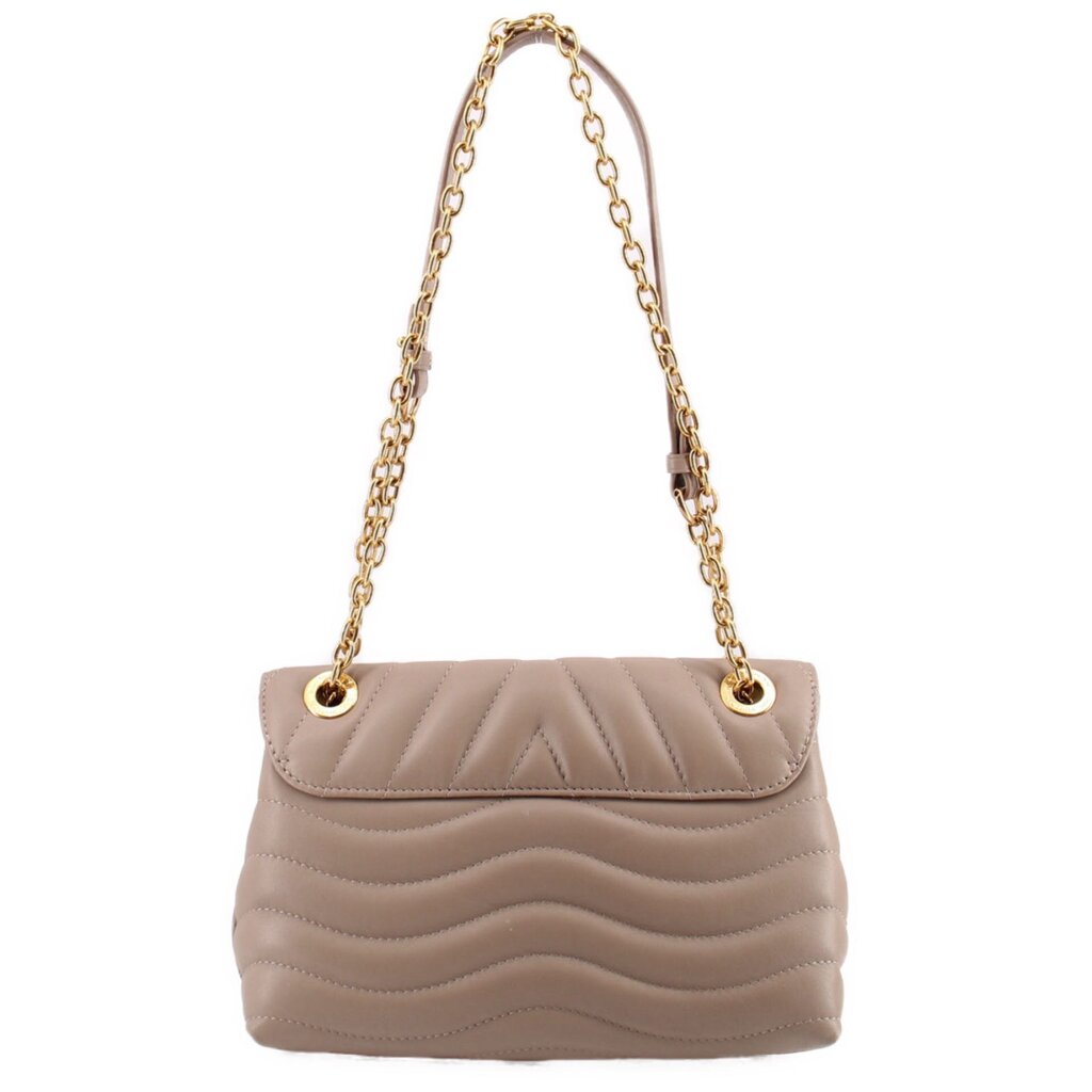 Taupe quilted shoulder bag with flap closure and gold chain shoulder strap