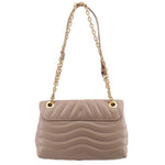 Taupe quilted shoulder bag with flap closure and gold chain shoulder strap