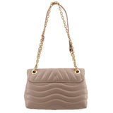 Taupe quilted shoulder bag with flap closure and gold chain shoulder strap