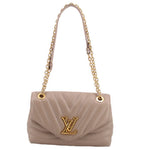Taupe quilted shoulder bag with flap and gold chain strap, LV-style logo hardware