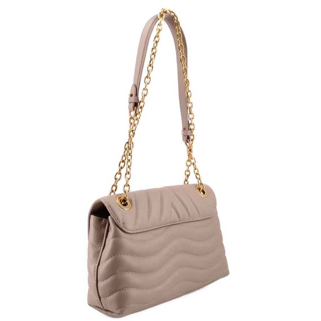 Taupe quilted shoulder bag with side view, flap closure and gold chain strap