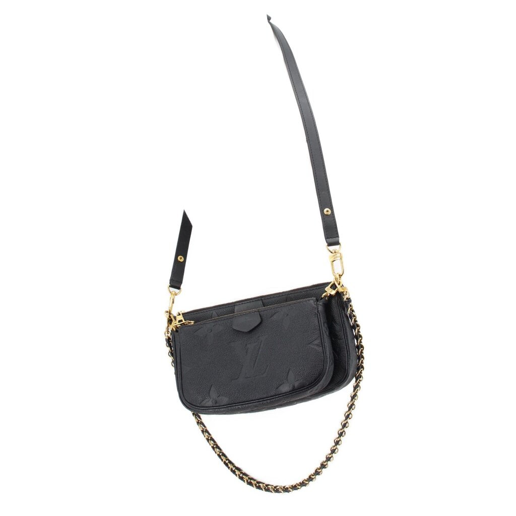 LOUIS VUITTON black multi-pocket crossbody bag with gold chain strap and leather handle