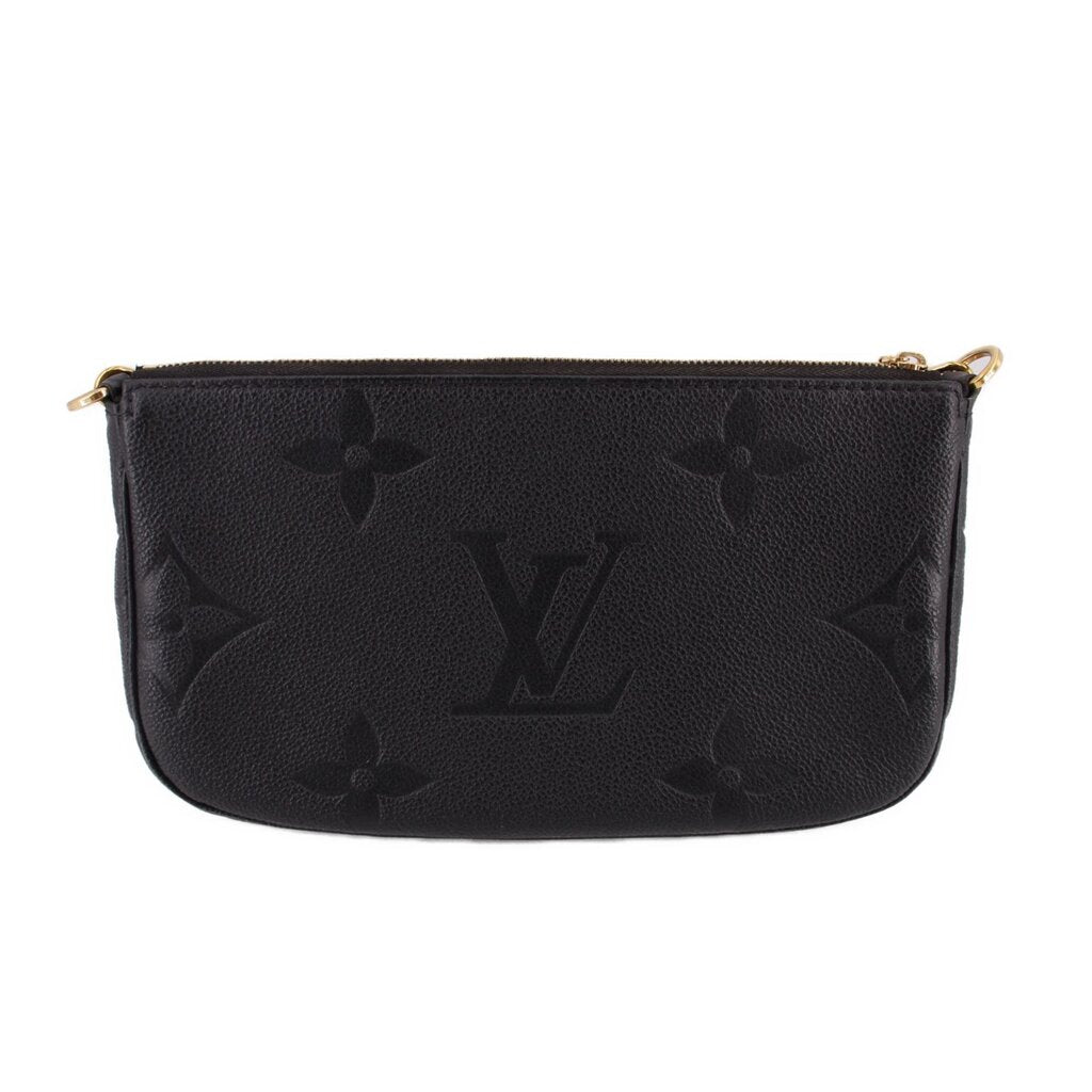 LOUIS VUITTON black embossed pouch with zipper top and gold tone hardware