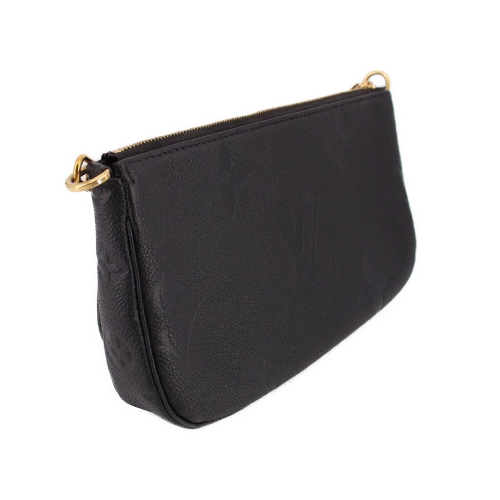 LOUIS VUITTON black leather pouch with top zipper and gold ring hardware