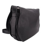 Black saddle crossbody bag with top handle and adjustable shoulder strap