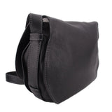 Black saddle crossbody bag with top handle and adjustable shoulder strap