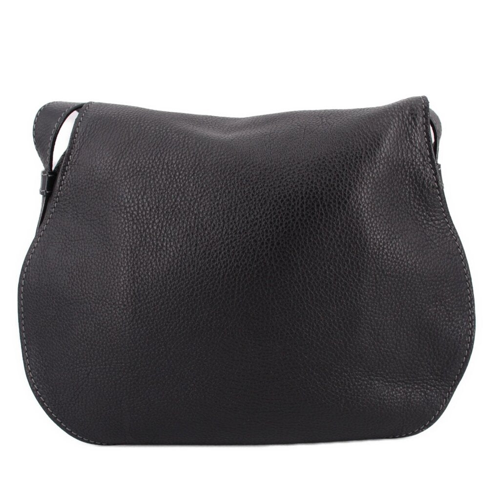 Black saddle crossbody bag front view with curved flap and textured leather look