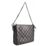 Black quilted leather crossbody bag with chain strap and side zipper pull