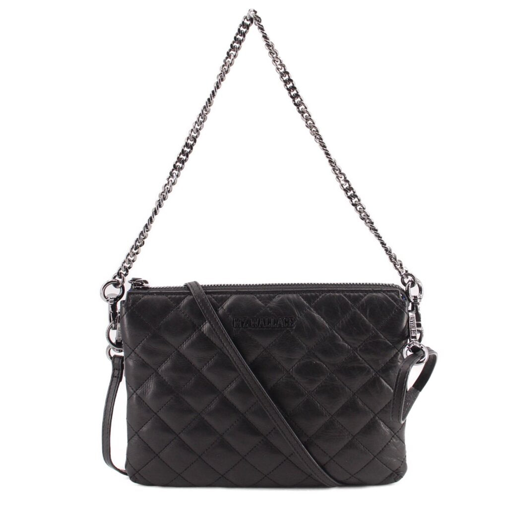 Black quilted leather crossbody bag with chain strap and front zipper