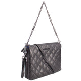 Black quilted leather crossbody bag with chain strap and tassel detail