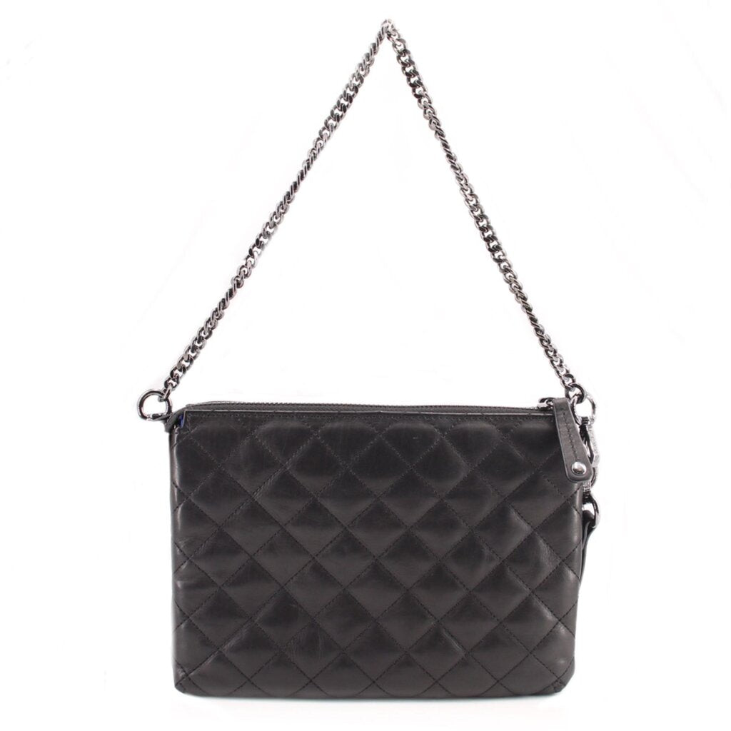 Black quilted leather crossbody bag with top zipper and chain shoulder strap