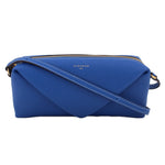 Blue leather shoulder bag with gold zipper and diagonal strap detail