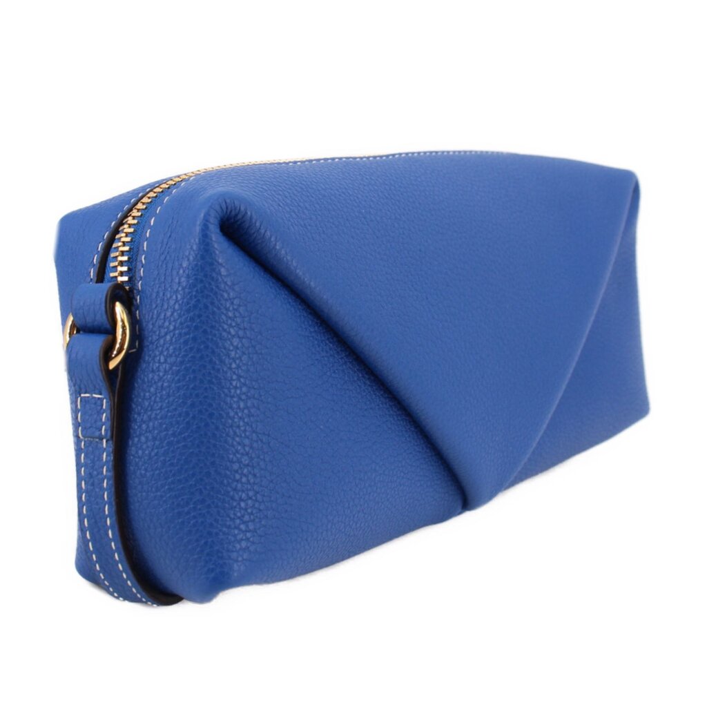 Blue leather shoulder bag side view with gold zipper and stitched edge details