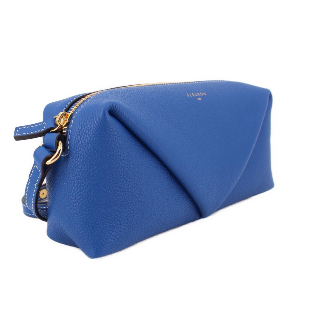 Blue leather shoulder bag with gold hardware, zipper closure, and shoulder strap