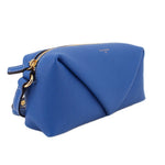 Blue leather shoulder bag with gold hardware, zipper closure, and shoulder strap
