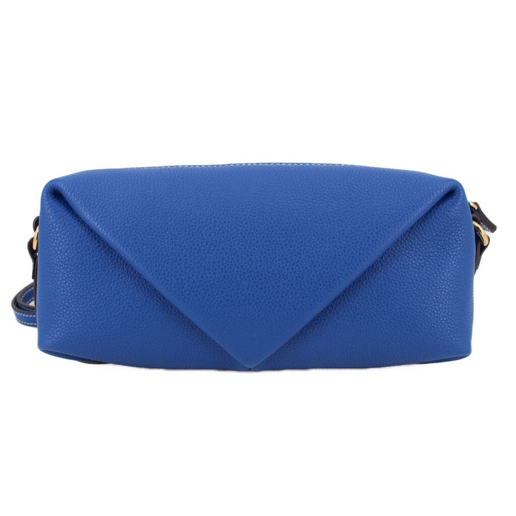 Blue leather shoulder bag with front triangular fold and zip-top closure