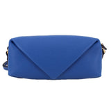 Blue leather shoulder bag with front triangular fold and zip-top closure