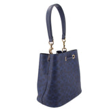 COACH ROWAN blue bucket crossbody bag side view, adjustable shoulder strap, gold hardware