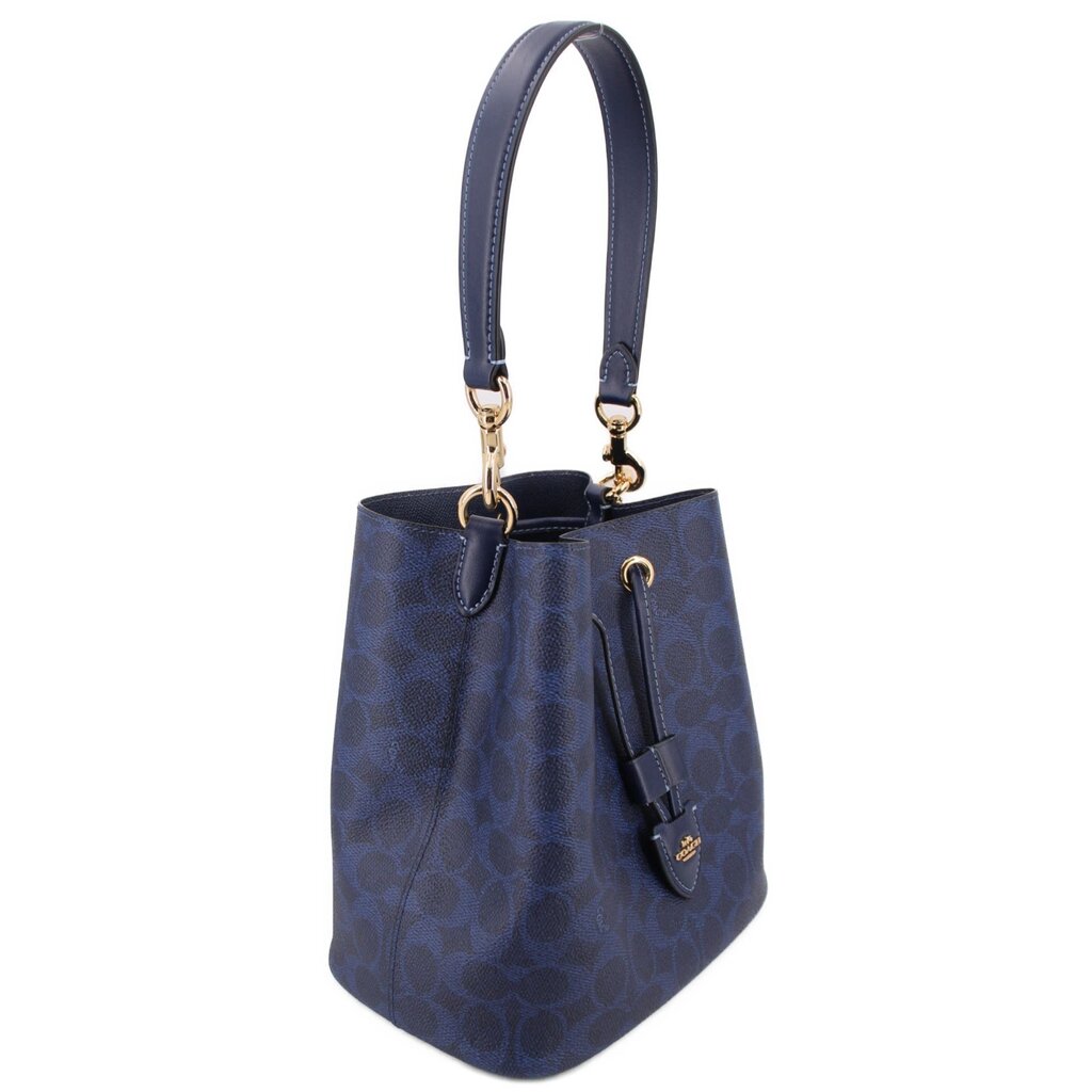 COACH ROWAN blue bucket crossbody bag with signature pattern, front strap strap loop hardware