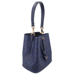 COACH ROWAN blue bucket crossbody bag with signature pattern, front strap strap loop hardware