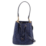 COACH ROWAN blue bucket crossbody bag with drawstring, signature pattern, gold hardware
