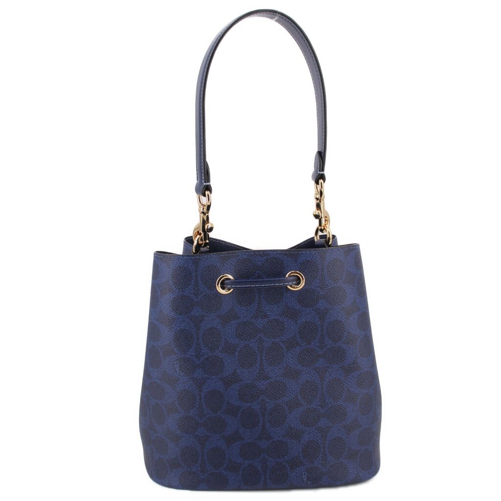 COACH ROWAN blue bucket crossbody bag with top handles, drawstring grommets, gold trim