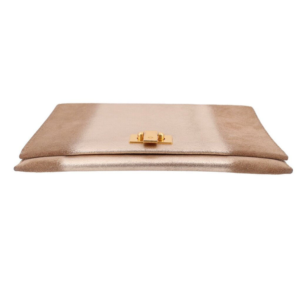 Tan foldover clutch with gold-tone top clasp and folded flap.