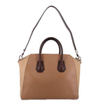 Brown leather tote bag with top handles, structured body, and side pockets