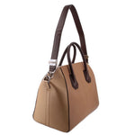 Brown leather tote bag with top handles and crossbody strap, metal hardware