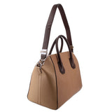 Brown leather tote bag with top handles and crossbody strap, metal hardware