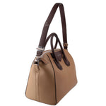 Brown leather tote bag with dual top handles, shoulder strap, and side details