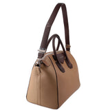 Brown leather tote bag with dual top handles, shoulder strap, and side details