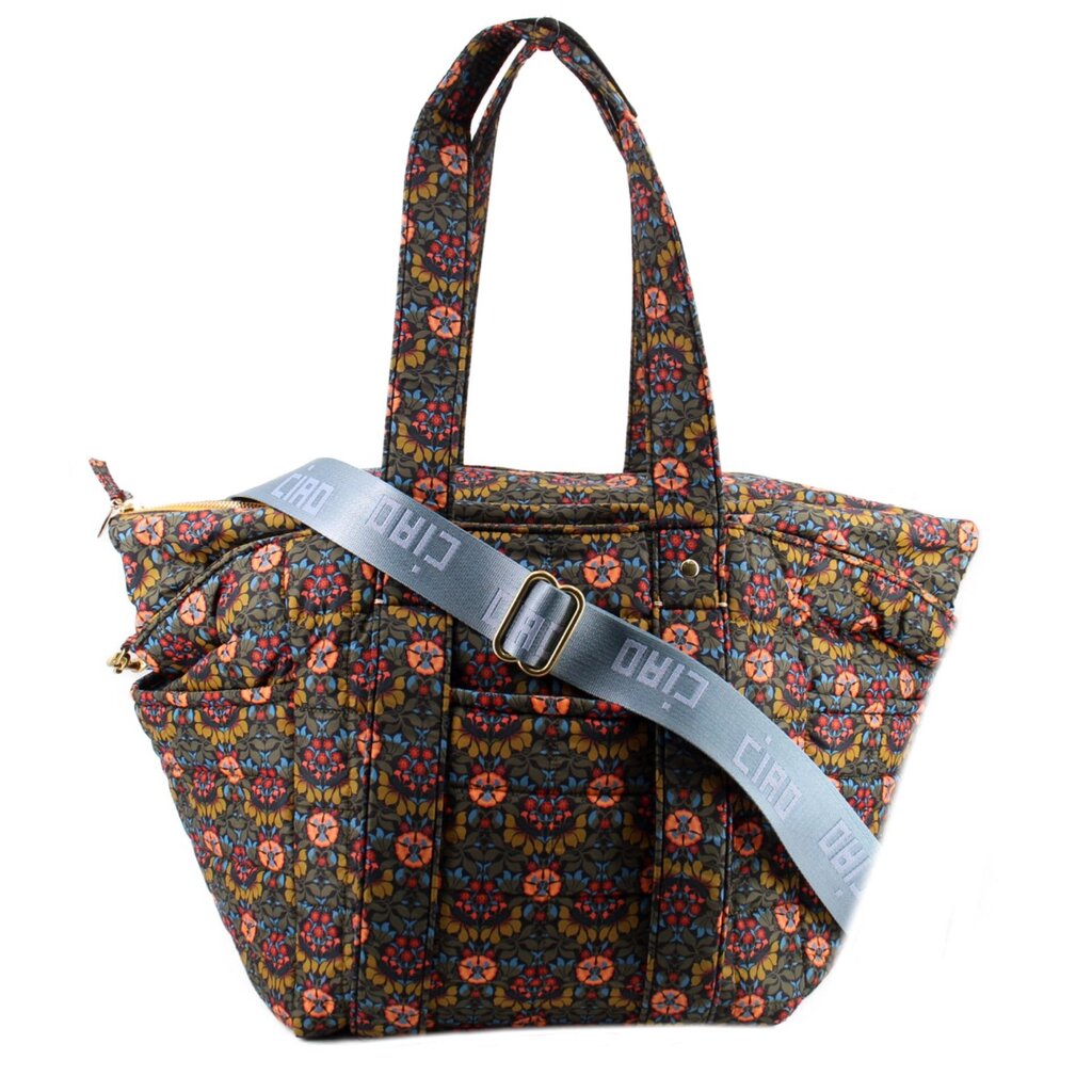 Floral quilted travel tote bag with top handles and front webbing strap