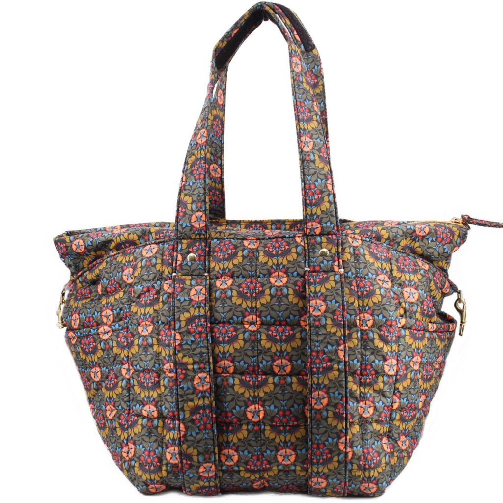 Floral quilted tote bag with two top handles and gathered front